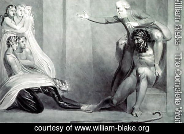 William Blake - Tiriel, borne back to the Palace on the Shoulders of his Brother Ijim, addressing his five Daughters