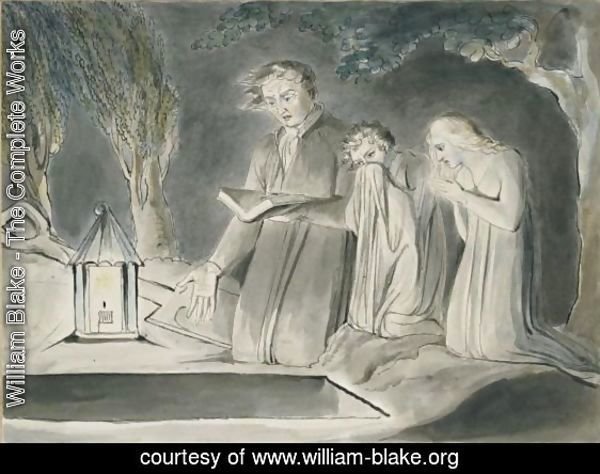 A Father And Two Children Beside An Open Grave At Night By Lantern Light
