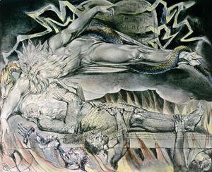 William Blake - Illustrations of the Book of Job- Job's Evil Dreams, showing Job's God, who has become Satan with cloven hoof and entwined by a serpent 1825