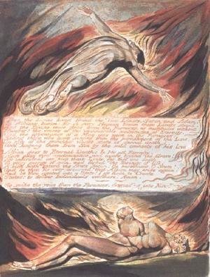 William Blake - Jerusalem The Emanation of the Giant- 'Then the Divine Hand' showing Christ soaring above Albion within whose bosom 'the Divine hand found the Two Limits, Satan and Adam', 1804