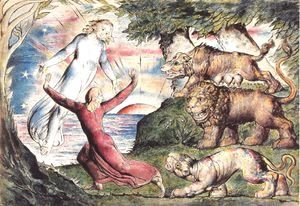 William Blake - Inferno, Canto I, 1-90 Dante running from three beasts is rescued by Virgil