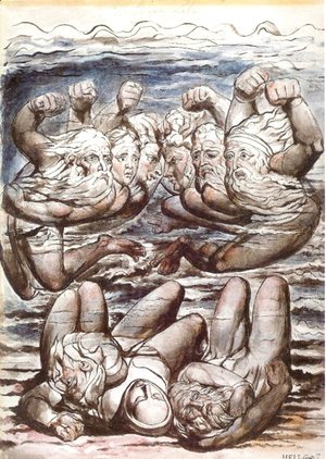 William Blake - Inferno, Canto VII, 110-127, The Stygian Lake with angry sinners fighting.
