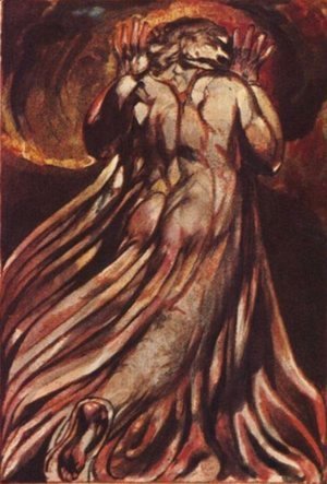 William Blake - A white haired man in a long, pale robe who flees from us with his hands raised
